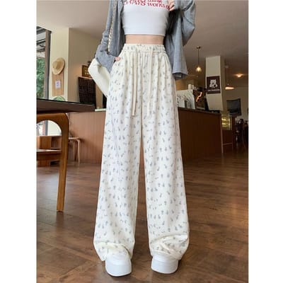Bloemen Joggingbroek voor Dames in Herfst en Zomer Los Nieuw Casual Lang Broekontwerp Kleine Rechte Wijde Pijpen XXXL black