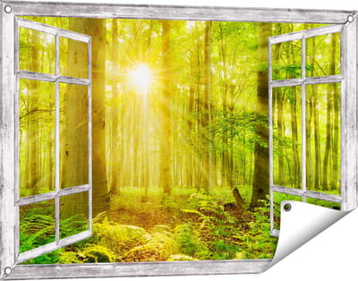 Gards Tuinposter Doorkijk Groen Bos met Schijnende Zonnestralen - 90x60 cm - Tuindoek - Tuindecoratie - Wanddecoratie buiten - Tuinschilderij