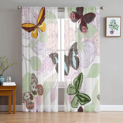 Bloemen En Vlinders Tule Transparante Gordijnen voor Woonkamer de Kamer Slaapkamer Keukendecoratie Voile Organza Gordijnen 135W x 114H(cm) white