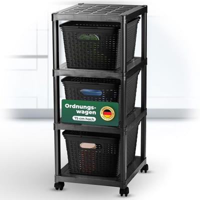 Novaliv rolwagen 4 niveaus met rotan mand zwart, badkamerplank badkamerplank badkamer keuken organisatiewagen zijwagen universele wagen schoonmaakwagen organisatiewagen schuifkast opbergorganizer