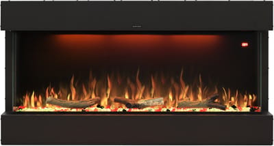 Comfortable at Home, Laveno 127, 3D elektrische sfeerhaard breedte 127cm, 3-zijden glas, Natuurlijk vlameffect, LED techniek, Schakelbare verwarming 750/1500W, Inbouw, Wandmontage, Cinewall, Inbouwdiepte 26cm, Afstandsbediening, App en Stembediening