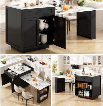 MODENUIT Bartafel - Uitschuifbaar Met Opbergruimte - Voor Keuken En Eetruimte - MDF - Zwart - 133-202x70x93,5 Cm