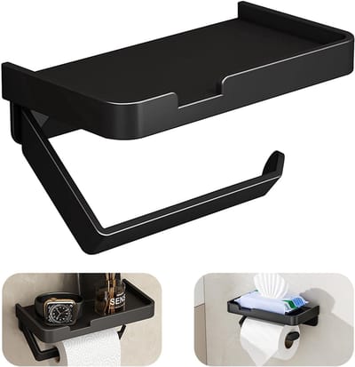 Toiletpapierhouder - met plankje - zelfklevend - boren niet nodig - toiletpapierhouder - tissuehouder - badkamerplankje - aluminium - zwart