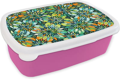 Broodtrommel Roze - Lunchbox - Brooddoos - Patroon - Mandala - Groen - 18x12x6 cm - Kinderen - Meisje