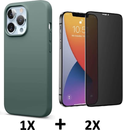 HB Hoesje Geschikt voor Apple iPhone 13 Pro - Groen / 2X Privacy Glazen Screenprotector - Siliconen Back Cover