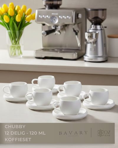 Bavary Chubby Koffiekopjes met Schotel 12-delig - 6x120 ml Espresso/Demitasse - Wit Porselein – Rond Design - Vaatwasserbestendig