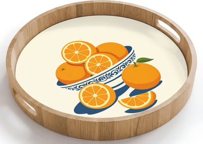 Dienblad rond 40x40 cm - Schootdienblad hout - Schaal - Minimalistisch - Oranje - Sinaasappels - Borrelplank rechthoek - Plateau houten dienbladen