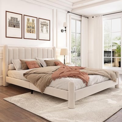 Velours Tweepersoonsbed 180x200 cm Beige Gestoffeerd met Lattenbodem en Hoofdbord