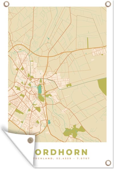 Muurdecoratie Nordhorn - Plattegrond - Kaart - Vintage - Stadskaart - 120x180 cm - Tuinposter - Tuindoek