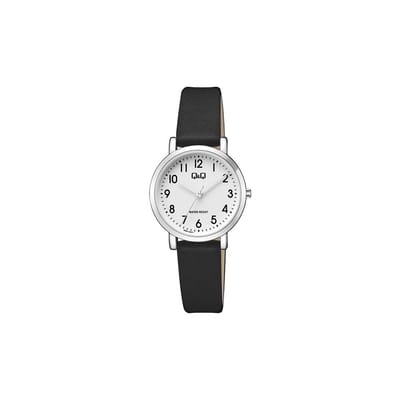 Q&Q Q58A-007PY - Horloge - Analoog - Vrouwen - Dames - Leren band - Rond - Metaal - Cijfers - Zwart - Zilverkleurig - Wit - 3ATM