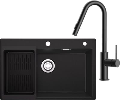 Sofetiy Max Spoelbak Antraciet 70x45CM - Granieten Spoelbakken Keuken Met V-Uitloop Keukenkraan - Enkele Spoelbak - Spoelbak Met Afdruiprek - Spoelbakken Incl. Sifon en Afvoerzeefje