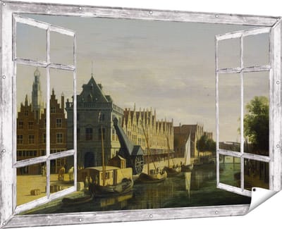 Gards Tuinposter Doorkijk De Waag en de Kraan aan het Spaarne te Haarlem - Gerrit Adriaensz Berckheyde - 180x120 cm - Tuindoek - Tuindecoratie - Wanddecoratie buiten - Tuinschilderij