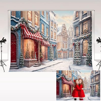 JHUBERS - Fotografie Achtergronden - Winter Kerst Achtergrond - Geschikt voor Portretfotografie - 2,2x1,5 m - Sneeuwstraat Decor - Ideaal voor Kind...