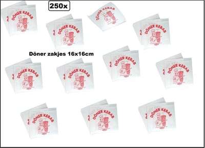 250x Broodje / Döner Kebab zakjes 16x16cm - Doner Kebab - Belegde broodjes Food eten 100% biologisch afbreekbaar belegde broodjes