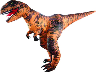 KIMU® Opblaas Kostuum Velociraptor Bruin - Opblaasbaar Pak - Dinopak Mascotte Opblaaspak - Opblaasbare Dino Dinosaurus Dames Heren Festival