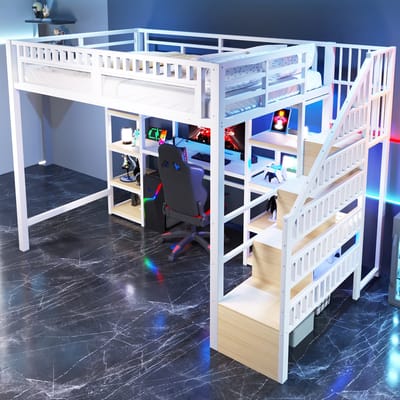 Hoogslaper 140 x 200 cm met opberglades - ladder - bureau - LED-verlichting - met USB-aansluiting - zonder matras - wit