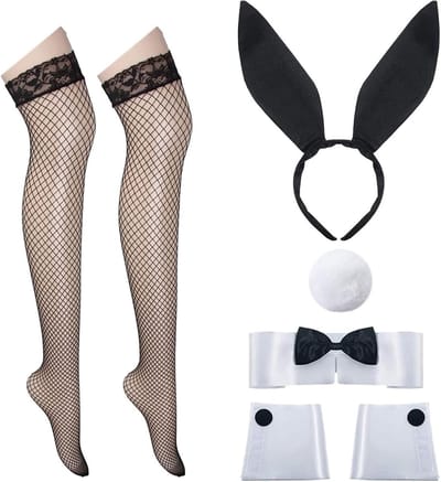Vijf konijnenkledingaccessoires met zwarte kousen voor rollenspel, make-up en feestoutfits
