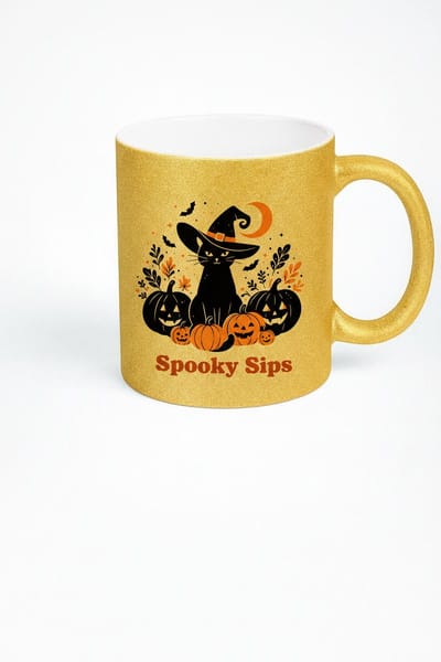 Spooky Sips Halloween Mok - Gouden Glitter Heksenkat Koffiemok