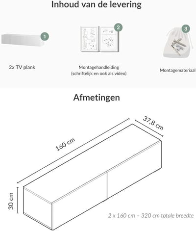TV Meubel 320 cm – Wandgemonteerd of Staand TV Kast 2x160 cm – Zwevend Lowboard TV Kast Wit Modern met Soft Close & Kabelmanagement