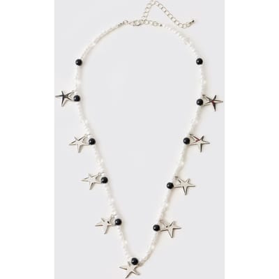 White Faux Pearl Necklace with Silver Stars