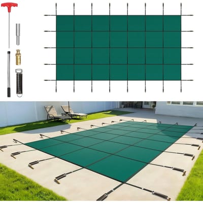 Couverture de sécurité pour piscine 18x36FT Couverture de piscine rectangulaire Couverture de piscine de sécurité enterrée Maille verte Couverture de sécurité solide pour piscine Hiver