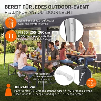 ECD Germany | Pop-up paviljoen, waterafstotend, met 4 zijwanden, 3x6 m, polyester Oxford-stof, antraciet, opvouwbaar paviljoen, tuinpaviljoen, tuentent