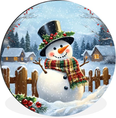 WallCircle - Wandcirkel - Muurcirkel - Sneeuwpop - Winterdorp - Kleurrijk - Aluminium - Dibond - 30x30 cm - Binnen en Buiten
