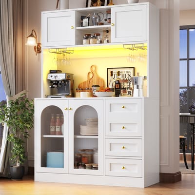 Buffetkast - opbergkast - keukenkast - dressoir - 120x40x188cm - landelijke stijl - 4 deuren - met LED-verlichting en drankrekken - wit