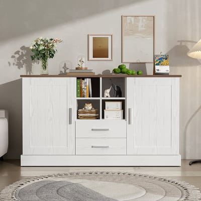 Pugsdrly Dressoir 140 x 40 x 79 5 cm witte en bruine houtnerf 2 deuren 2 laden