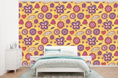 Behang - Fotobehang Patroon - Bloemen - Paars - Oranje - Breedte 345 cm x hoogte 220 cm