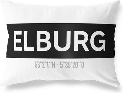Tuinkussen ELBURG - GELDERLAND met coördinaten - Buitenkussen - Bootkussen - Weerbestendig - Jouw Plaats - Studio216 - Modern - Zwart-Wit - 50x30cm