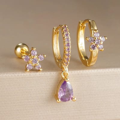 Bloem Oorbellen Set met Zirkonia Stenen- 925 Sterling Zilver - 18K Verguld Dames Oorbellen - Dames Sieraden - Paars