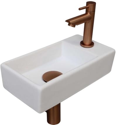 INK - Fonteinpack Porselein Rechts incl. Fonteinkraan - Design Sifon - Design Plug en Montageset - 360x180x90 Mm - Mat Wit/mat Rose Goud