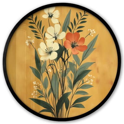 Poster in lijst Rond - Fotolijst 40x40 cm - Posters - Bladeren - Boeket - Bloemen - Geel - Ronde posterlijst zwart - Decoratie - Wanddecoratie woonkamer - Muurdecoratie slaapkamer