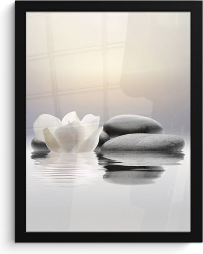 Poster in lijst - Fotolijst 30x40 cm - Posters - Stenen - Lotus - Wit - Water - Zen - Posterlijst zwart - Wanddecoratie badkamer - Muurdecoratie WC - Decoratieve accessoires - Toilet muur decoratie