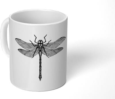 Mok - Koffiemok - Libelle - Insecten - Retro - Zwart wit - Mokken - 350 ML - Beker - Koffiemokken - Theemok