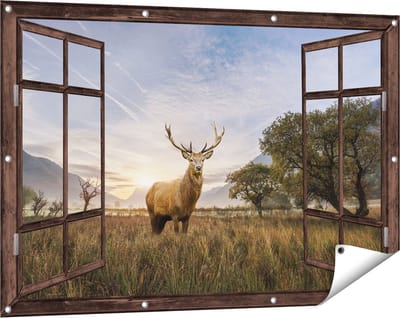 Gards Tuinposter Doorkijk Hert in het Landschap - 120x80 cm - Tuindoek - Tuindecoratie - Wanddecoratie buiten - Tuinschilderij