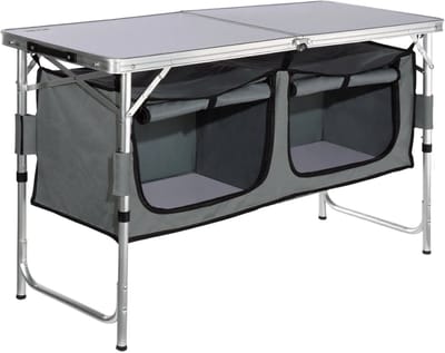 UFTA Campingkeuken - Opvouwbaar Outdoor Aanrecht - Keukenstation met 2 opbergruimtes - Windscherm & Draagtas Inbegrepen - Bruin