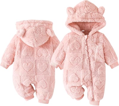 Warme Fleece Romper met Capuchon en Berenoren voor Baby's (0-18 Maanden)