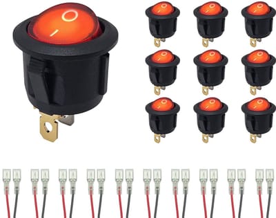 ProRide Wipschakelaar ON-OFF KCD2-220 - met Aansluitkabels - Rond - 3 pins - 250V/6A - Rood - 10 stuks