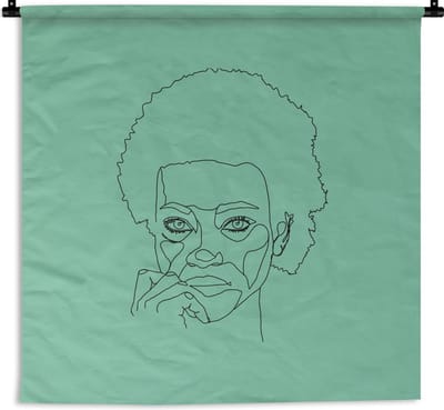 Wandkleed Line-art Vrouwengezicht - 24 - Illustratie vrouw met afro op een groene achtergrond Wandkleed katoen 90x90 cm - Wandtapijt met foto