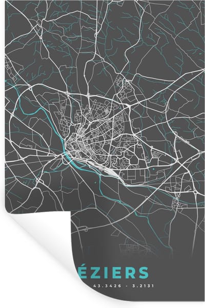 Muurstickers - Sticker Folie - Béziers – Plattegrond – Frankrijk – Kaart – Stadskaart - 20x30 cm - Plakfolie - Muurstickers Kinderkamer - Zelfklevend Behang - Zelfklevend behangpapier - Stickerfolie