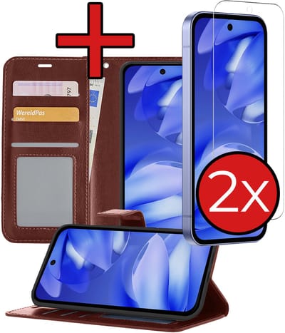 Hoesje - Met 2x Screenprotector - Geschikt voor Google Pixel 9a - Luxe Pasjeshouder - Flip Case - Bookcase Portemonee - Kunstleer Book Case - Flipcase Hoes - Book Cover - Walletcase - Portemonneehoes - Telefoonhoes - Bruin