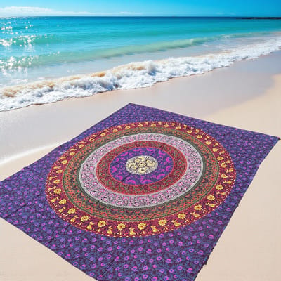 Lindian style - Tweepersoons strandlaken met een mandala print in groen met oranje - XL katoen strandkleed