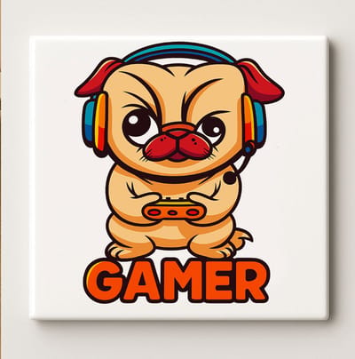 Gamer Mops Hond Art Tegel – 15x15cm Schattige Gaming Keramische Wanddecoratie, Leuk Cadeau voor Gamers
