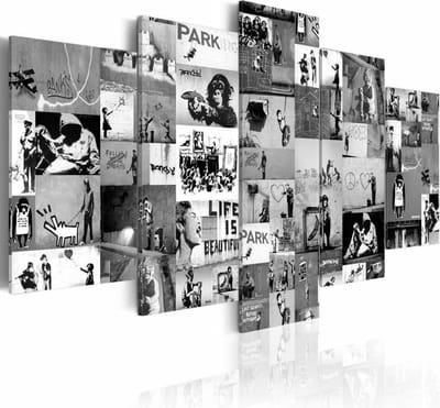 Schilderij - Collage Banksy , Zwart-Wit, 5luik