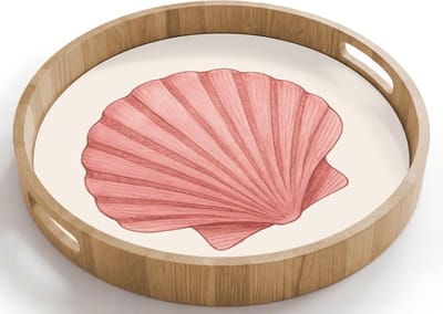 Dienblad rond 40x40 cm - Schootdienblad hout - Schelp - Roze - Ribbels - Borrelplank rechthoek - Plateau houten dienbladen