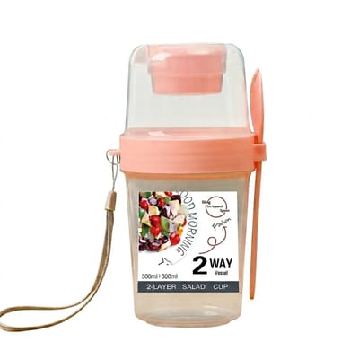 Roze yoghurt beker to go lunchbeker unisex 2 laags salade beker met lepel en apart compartiment lekvrij ontwerp transparant voor ontbijt en onderweg