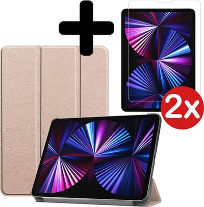 Hoesje - Geschikt voor Apple iPad Pro (2021) - 11 inch - 3e generatie - Met Screenprotector - Hardcover Book Case - Trifold Bookcase Hoes - Hard Cover - Tablethoes - Goud