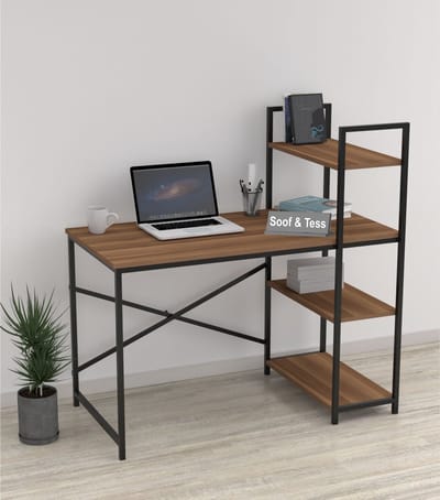 Soof&Tess - Bureau - Computertafel met planken - Thuiskantoor - Industrieel - Vintage - Bruin/zwart